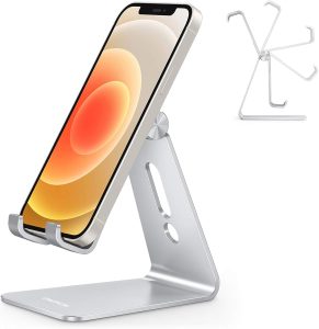 Adjustable Cell Phone Stand, OMOTON Aluminum Desktop Cellphone Stand with Anti-Slip Base and Convenient Charging Port, Fits A