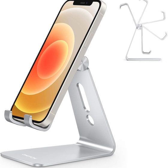Cell Phone Stand, OMOTON Aluminum Desktop Cellphone Stand with Anti-Slip Base and Convenient Charging Port, Fits A