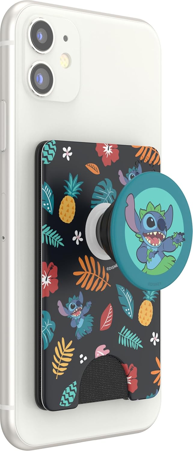 Adhesive Phone Wallet and Card Holder with Grip, Tropical Pattern - Blue