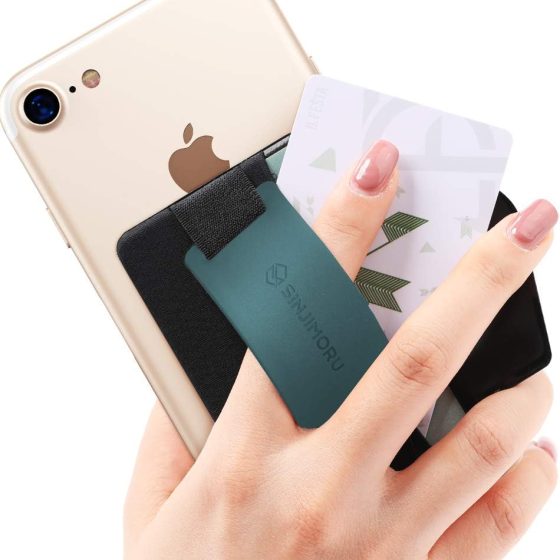 Phone Grip Card Holder with Phone Stand, Secure Stick on Wallet for iPhone with Kickstand for Table. Sinji Pouch B-